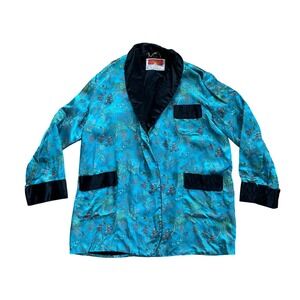 Vintage Oriental‎ Asian Turquoise Pagoda Brocade Robe Black Trim chinese 48 L/XL